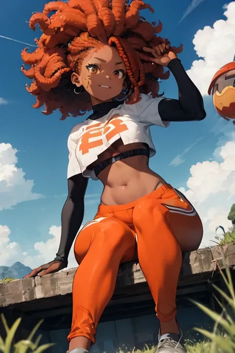 1 female, afro hair, red hair, long afro dread hair, robot body, full robot body, robot eyes, robot arms, robot legs, robot face, robotic, black afro hair, huge breast, thick legs, orange crop top, sport pants, orange pants, with guns, dark sky, grass, gra...