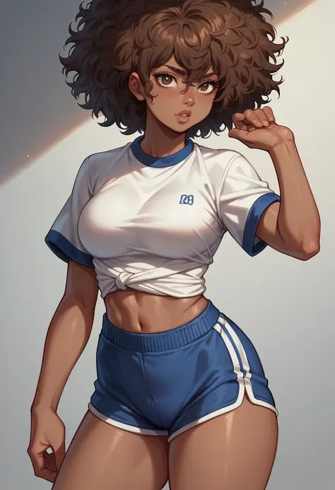 1 young girl, dark skin, ebony, breast, afro hair, messy hair, Brown hair, lips, curvy, anime style, blue shorts, White tshirt, very short pants, japanese gym uniform, shorts sleeveles, hotpants