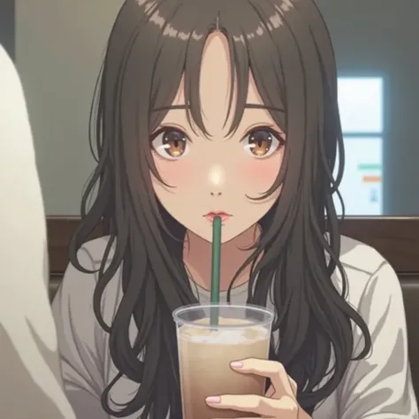 Korean girl with long straight hair, honey-colored slanted eyes,white blouse with rock print is sitting at a table drinking a milkshake 