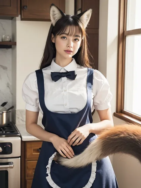 ((Best Quality, 8k)), ((masterpiece)), (Highest Resolution), Perfect Face, Woman with fox ears, Woman with a tail, Beautiful woman, She is a maid, It was taken in the kitchen, Only one tail, She has thick thighs, Her big fox tail, I can see her fox tail, S...