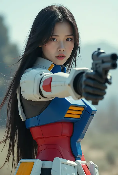 live-action、Real、Gundam&#39;s Armor、The official colours are white, red, blue and yellow、Shiny texture、Very beautiful Japanese girl、Black Hair、Straight Long Hair、Hime cut、Gundam Helmet、Gundam Backpack、Dynamic pose、Turn around and fire the beam rifle、Simple...