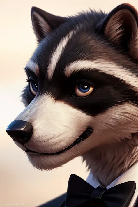 (by pixelsketcher:0.6), (by personalami :0.6), solo,male,  raccoon  ,detailed background, (cinematic lighting:1.1), (perfect focus:1.1), 8k hd, photo, (detailed eyes:1.2),depth of field, bokeh, subsurface scattering, wide ,(suit, tuxedo, elegant suit),uppe...