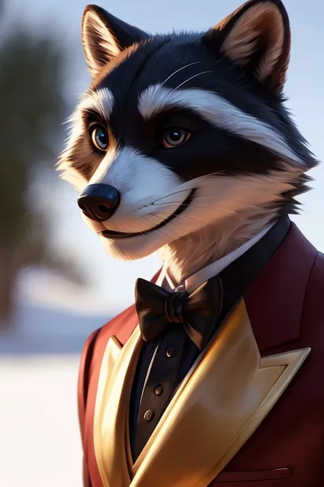 (by pixelsketcher:0.6), (by personalami :0.6), solo,male,  raccoon  ,detailed background, (cinematic lighting:1.1), (perfect focus:1.1), 8k hd, photo, (detailed eyes:1.2),depth of field, bokeh, subsurface scattering, wide ,(suit, tuxedo, elegant suit),uppe...