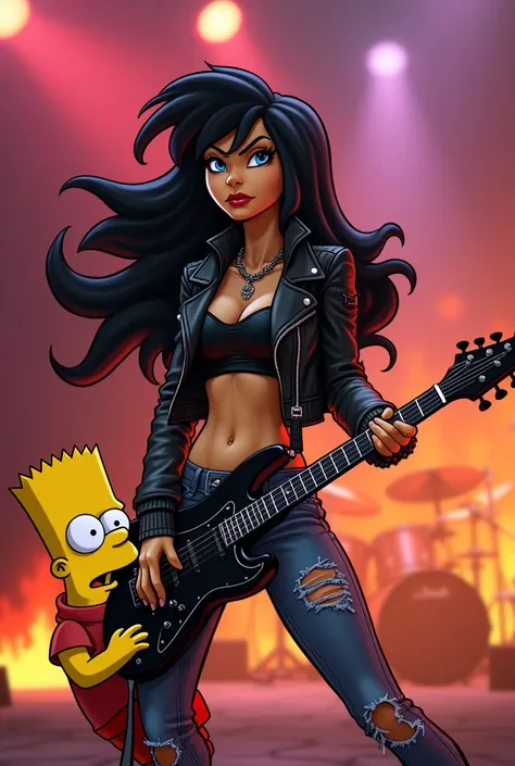 A striking animated rocker chick radiates confidence and attitude on stage, next to Bart Simpson, who stands drooling with a guitar in hand. She has long, flowing black hair that highlights her bold features and wears a form-fitting black leather jacket an...