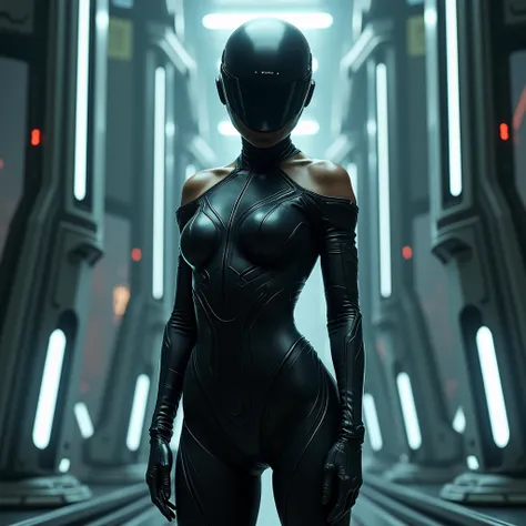 Woman in off-the-shoulder high-leg bodysuit wearing a futuristic helmet、No hair、Futuristic Background