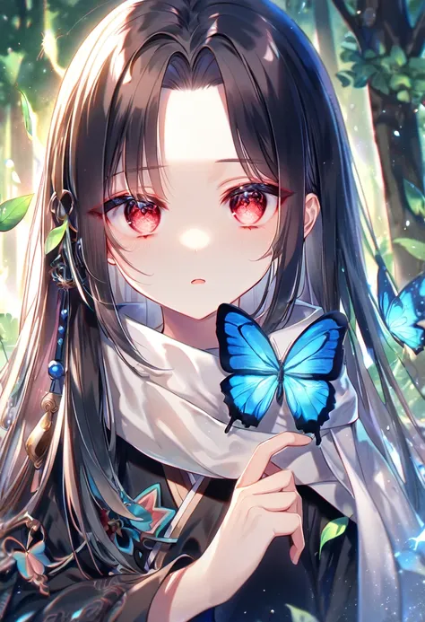 Ultra detailed, highres, absurdres, HDR, master piece, Yugen, expressive red eyes, black straight hair, long hair, without bangs, white scarf, black Chinese robes, accessories, Butterflys Curse, blue butterflies, forest, solo, cute, best quality, fantasy, ...