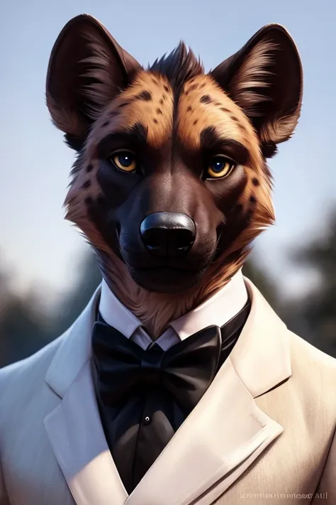 (by pixelsketcher:0.6), (by personalami :0.6), solo,male,  hyena  ,detailed background, (cinematic lighting:1.1), (perfect focus:1.1), 8k hd, photo, (detailed eyes:1.2),depth of field, bokeh, subsurface scattering, wide ,(suit, tuxedo, elegant suit),upper ...