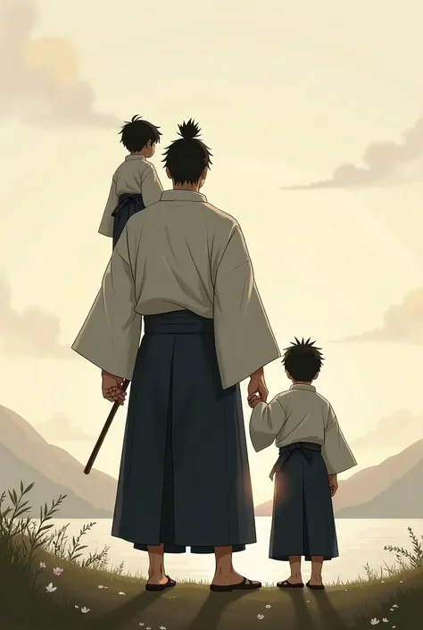 A father and two sons, meninos, with his back to the camera, looking at the horizon, holding hands. One of the sons is sitting on his father&#39;s shoulder. Everyone is wearing a judo kimono. The art style is oriental.