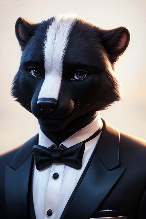 (by pixelsketcher:0.6), (by personalami :0.6), solo,male,  skunk  ,detailed background, (cinematic lighting:1.1), (perfect focus:1.1), 8k hd, photo, (detailed eyes:1.2),depth of field, bokeh, subsurface scattering, wide ,(suit, tuxedo, elegant suit),upper ...