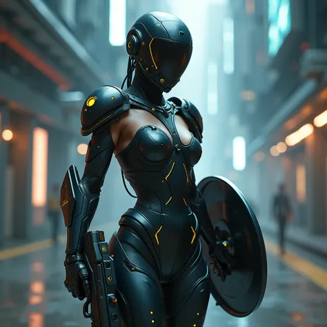 Woman in off-the-shoulder high-leg bodysuit wearing a futuristic helmet、No hair、Reinforced Ceramic Armor、Equipped with a large handgun、Equipped with a transparent shield、Futuristic Background