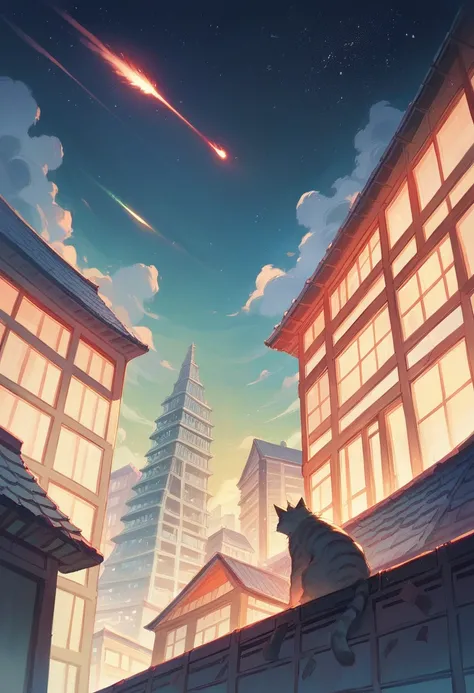 Anime paintings inspired by Makoto Shinkai, Space Art, Sitting sideways on the roof of a building、Grey Norwegian Forest Cat looking at the sky, Mysterious, wonderful, Meteor Shower, Complex Light, Twinkling city lights,