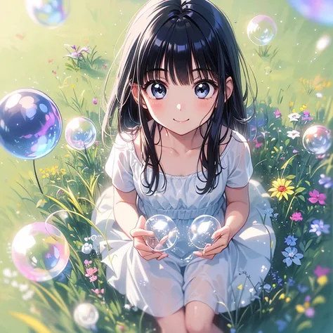 In black and white image、Cute chibi cartoon girl is playing with soap bubbles in the park and smiling, Many of the soap bubbles are transparent and space-colored.、Very colorful and、Many colors with very smooth gradients, Top view, Focus on the soap bubbles...