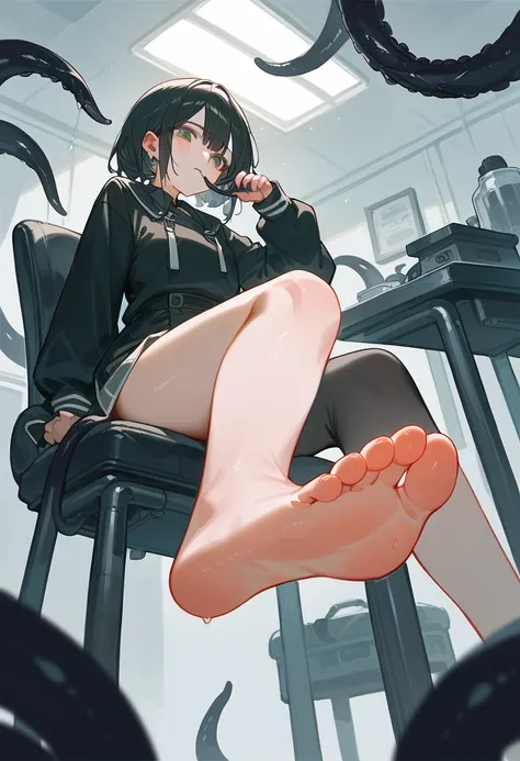 1 woman sitting on a swivel chair，女人露出Soles，Low Angle，Black tentacles grow on woman&#39;s back，barefoot，Barefoot，Soles，Foot Focus，Two feet，Black eyes，Black hair，Foot Focus，White vest showing belly button，Black jacket，Bangs, Long hair，齐Bangs, Denim shorts，A...