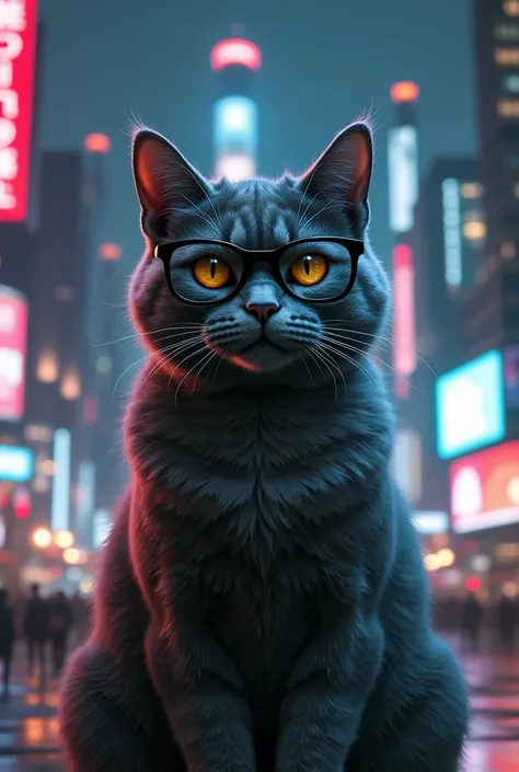 A fat American shorthair cat wearing black-rimmed glasses　A defiant look　Grey fur　Golden Eyes　The background is a cyberpunk cityscape at night