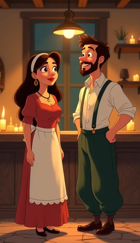 Walt Disney 1950 years design, Japanese Manga, 2 D cartoon animation, 1 man and 1 girl,  looking at viewer, Front view,  standing pose, Full body , on floor, in Spanish inn counter, candle light, night, 16 century, Spanish, a  Spanish girl is 20-age, (High...