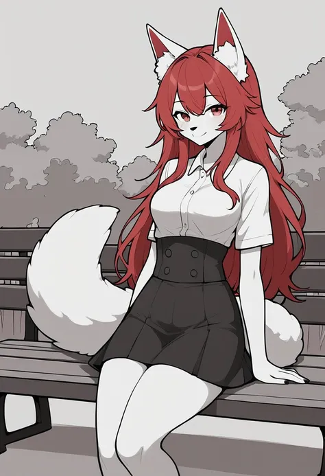 furry wolf girl, long red hair, thin waist, very long tail, very fluffy tail, in a white shirt, short skirt, lies on a bench, in the park, smile, black and white wool, 