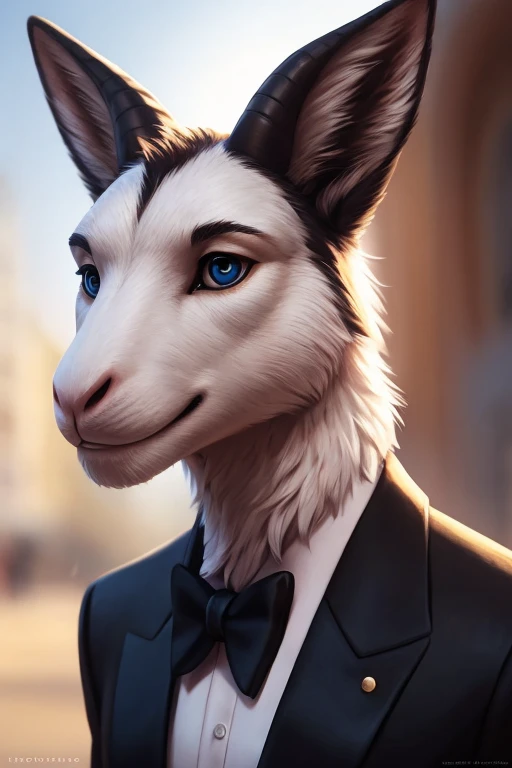 (by pixelsketcher:0.6), (by personalami :0.6), solo,male,  goat  ,detailed background, (cinematic lighting:1.1), (perfect focus:1.1), 8k hd, photo, (detailed eyes:1.2),depth of field, bokeh, subsurface scattering, wide ,(suit, tuxedo, elegant suit),upper t...