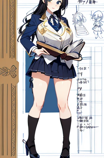 girl, Alone, whole body, Head to Toe, Standing, (Huge_chest:1.3), Character design sheet, Character setting book, 設計図のdrawing, drawing, Blueprint, drawing, ((Character design sheet:1.7, Character setting book:1.7)), anime/cartoon character wearing a girls ...