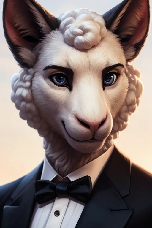 (by pixelsketcher:0.6), (by personalami :0.6), solo,male,  sheep  ,detailed background, (cinematic lighting:1.1), (perfect focus:1.1), 8k hd, photo, (detailed eyes:1.2),depth of field, bokeh, subsurface scattering, wide ,(suit, tuxedo, elegant suit),upper ...