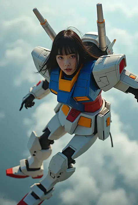 live-action、Real、Gundam&#39;s Armor、The official colours are white, red, blue and yellow、Shiny texture、Very beautiful Japanese girl、Black Hair、Straight Long Hair、Hime cut、Gundam Helmet、Gundam Backpack、Dynamic pose、Free fall from high altitude、The battlefie...