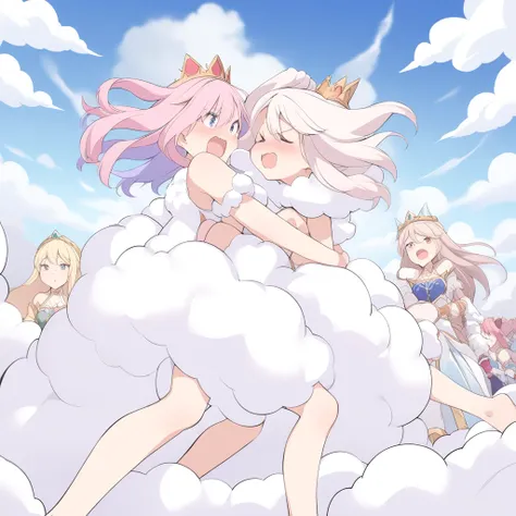 princesses playfully wrestling with each other inside a comical fight cloud (fairytale cloud).
each princess has different  colored hair.
their faces,hands,and feet are visible emerging from the cloud as they tussle humorously,  with the rest of their bodi...