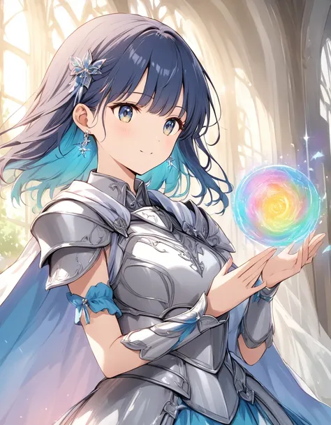 ((The soft lines and colors create a dreamy effect.., A fleeting impression..)),Crusaders、Holy Knight、Silver armor and dark blue lines、Also々beautiful girl、Holy Knightの女の子、Healing Magic,Earrings,紫の宝石のEarrings,