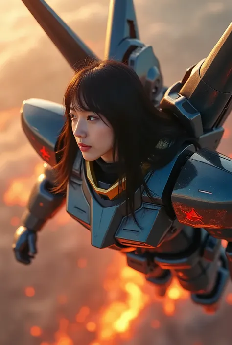 live-action、Real、Gundam&#39;s Armor、The official colours are white, red, blue and yellow、Shiny texture、Very beautiful Japanese girl、Black Hair、Straight Long Hair、Hime cut、Gundam Helmet、Gundam Backpack、Dynamic pose、Free fall from high altitude、The flames of...