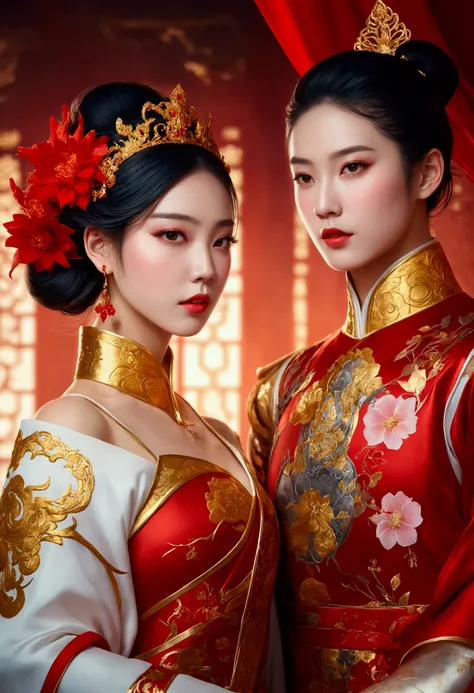 Two women, dressed in red and gold, posing for a photo, ((beautiful fantasy empress)), Alice X. Zhang, beautiful avatars, palace ， girl in Hanfu, Edgar Maxence and Ross Tran, Xianxia fantasy, Beautiful picture of the character, beautiful fantasy empress, B...