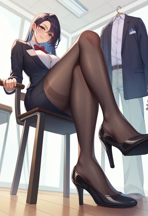 ((Best Quality)), ((masterpiece)), (be familiar with) Perfect Face、Mature beautiful woman、Sitting with legs crossed, ,whole body, See the audience at your feet、Looking down、Office Style、business suit、Black jacket、White open shirt、Black knee-length pencil s...