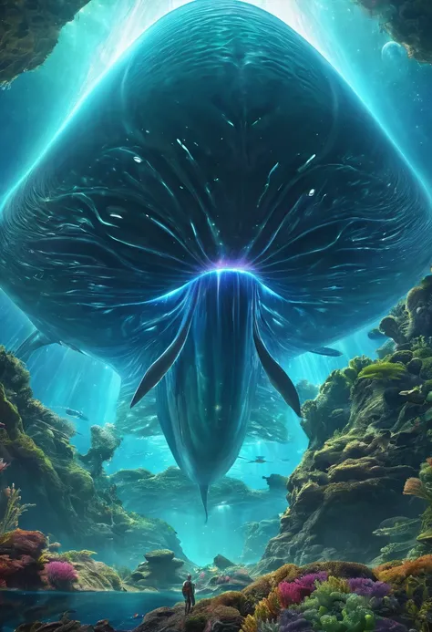 (best quality,4k,8k,highres,masterpiece:1.2),ultra-detailed,(realistic,photorealistic,photo-realistic:1.37),sci-fi,alien,space,starwhale,gigantic interstellar creature,vast cosmic ocean,celestial anomaly,ethereal aura,bioluminescent tendrils,otherworldly m...