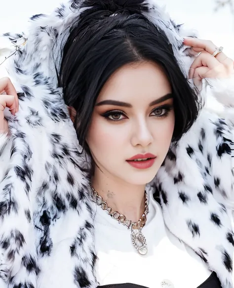 arafed woman in a white furry jacket with a tight black dress, (jet black hair: 1.2) model, (pale white skin: 1.2), attractive and beautiful, stunning woman, beautiful woman, morning glow,