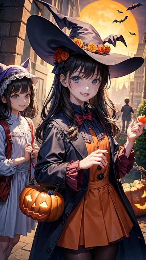 Halloween illustrations, Three children, Elementary school students holding candy in both hands、Smiling happily, (masterpiece), (Best Quality), (Ultra HD)