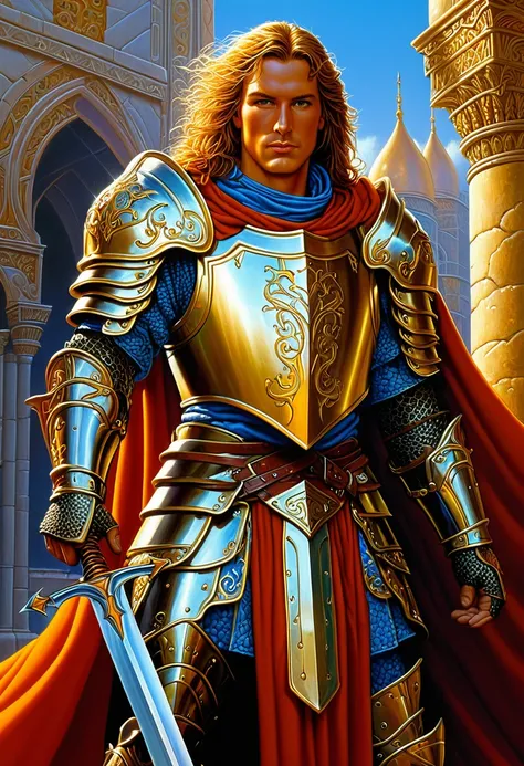 Paladin, armour, by Michael Whelan, detailed background, dynamic movement, best quality, masterpiece, photorealistic, very aesthetic, perfect composition, intricate details, ultra-detailed, vivid colors