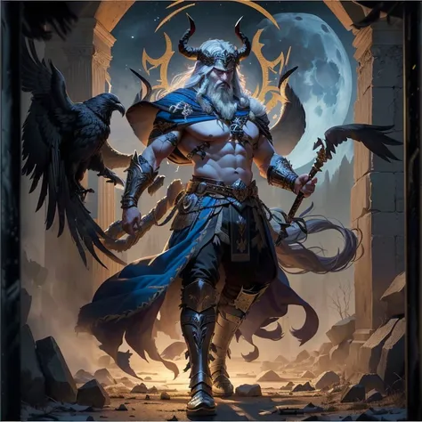 Odin, the Norse god of wisdom, war, and death. He is a muscular man with a long white beard and horns crown. He is wearing a horned helmet, a blue and gold loincloth, and a long blue cape. He is standing in front of a large moon, and there are several blac...