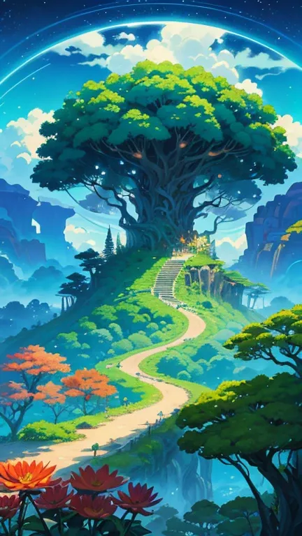 /imagine prompt: Viral anime nature wallpaper in 4K quality, in the style of illustration inspired by Akira Toriyama, featuring a fantastical jungle with oversized plants, vibrant flowers, and exotic animals; bright and playful color temperature, blue sky,...