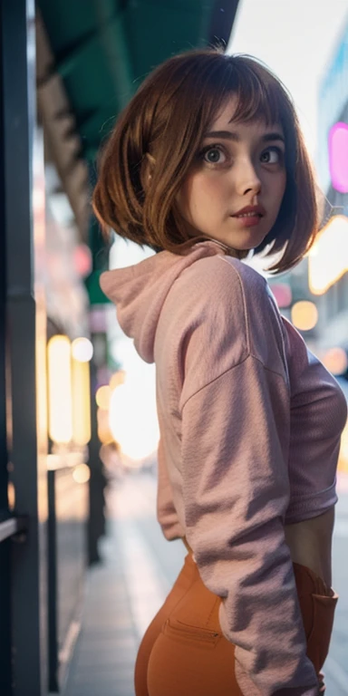 Best quality, face focus, soft light, ultra-high resolution (photorealistic: 1.4), RAW photo, 1 girl, full body, average height, Ochaco Uraraka, alone, cute, (student, eye highlights, giant rounded light green eyes), beautiful detailed face, round face sha...