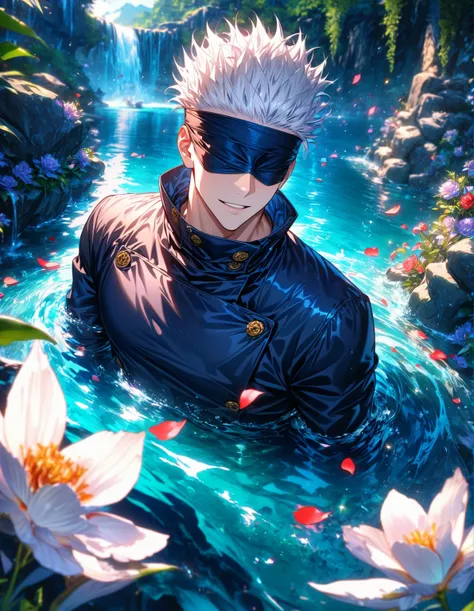 absurdres, highres, ultra detailed, HDR, master piece, Gojou Satoru, white hair, black blindfold, blindfolded eyes, black Jujutsu Kaisen uniform, Jujutsu Kaisen, fantasy, magical, sensual, glittering, handsome, detailed face, water, petals, flowers, waterf...