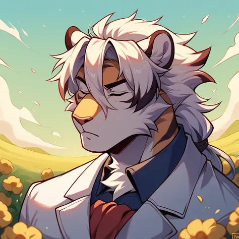 A juvenile tiger, Hairstyle (Long hair), in white suit, with eyes closed, while holding a daffodil, on the face in the middle of a field of flowers behind, bottom, necessary. 