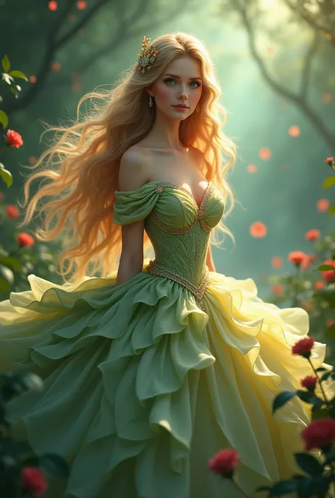  blonde woman with blue eyes and princess dress made of rose petals, green and red color, Disney style