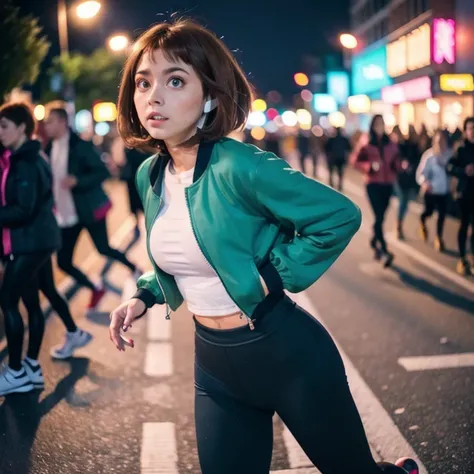 Best quality, face focus, soft light, ultra-high resolution (photorealistic: 1.4), RAW photo, 1 girl, Ochaco Uraraka, full body, sturdy and athletic physique, short-average height, alone, cute, (student, eye highlights, giant rounded light green eyes), bea...