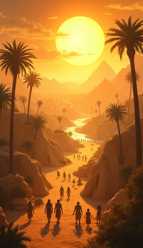 A landscape where the light of Ra&#39;s sun spreads over the Egyptian lands, with scenes of everyday life, showing its influence in every corner of the world.