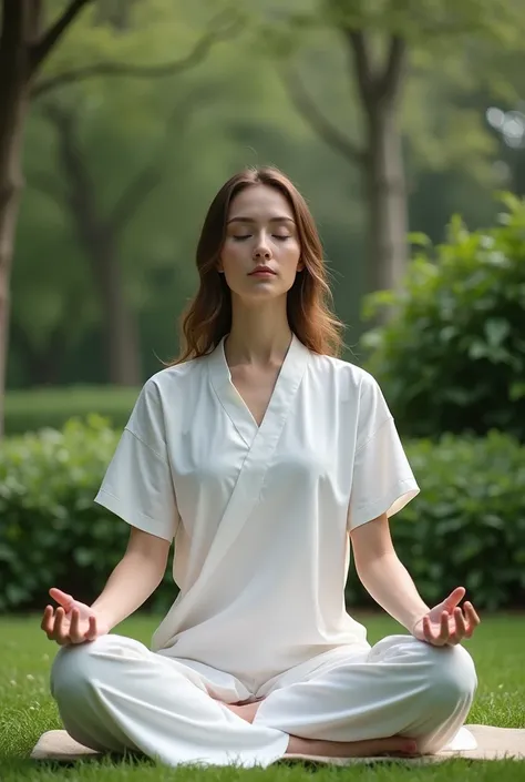 a woman sitting in a traditional cross-legged meditation posture, with her hands resting on her lap in a classic meditation position. She is dressed entirely in white, wearing a short-sleeved white shirt and a long white skirt. Her facial expression shows ...