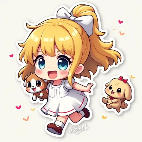 Digital 2D art stickers in chibi style, Blonde woman,Running,Has a stuffed dog, Wearing a white dress,Simple Background, Vibrant colors, minimum, cute, fun, Playful, high detail, Very detailed, 4K, Sharp focus, DIGITAL PAINTING, shape, anime, Manga, cute