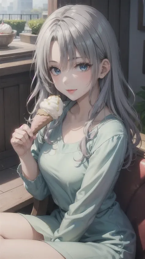 Close-up of a person holding an ice cream, Sweet Girl, Woman with wavy silver hair, Bangs, Light blue eyes, Red lips, Light green dress,