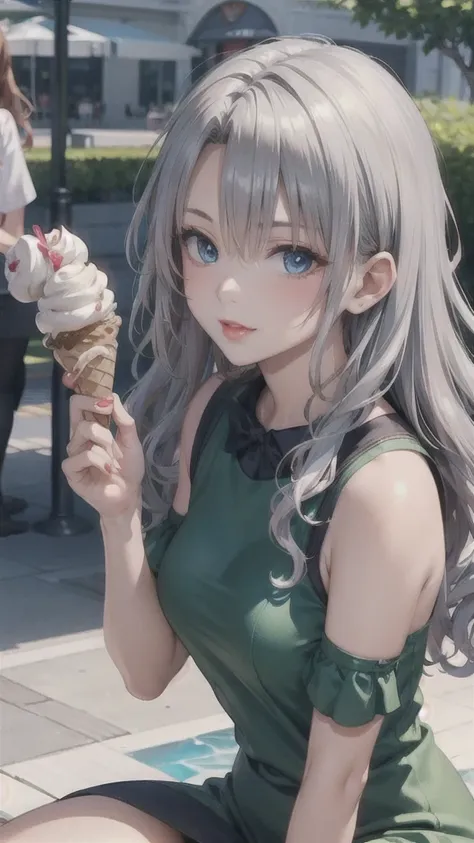 Close-up of a person holding an ice cream, Sweet Girl, Woman with wavy silver hair, Bangs, Light blue eyes, Red lips, Light green dress,