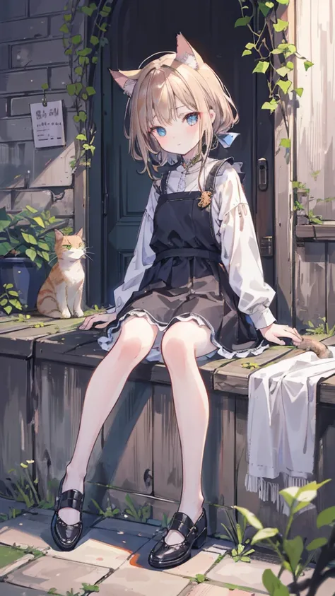 Best quality high resolution unique images, (many (Detailed) small cats) With a girl:1.3), Focus on cats, small (Detailed) Cat next to girl,The background is the back alley, Detailed阳光, Sitting, Girl looking at the audience, Front view, (Cat looking at the...