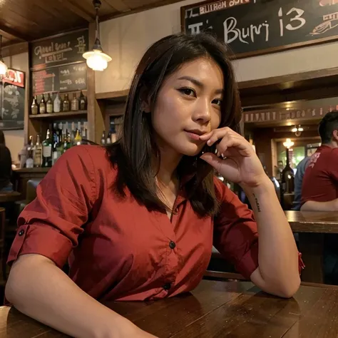 Solo, beuatiful 30year old asian, brunnete hair, sitting at table in pub in red shirt drinking a beer