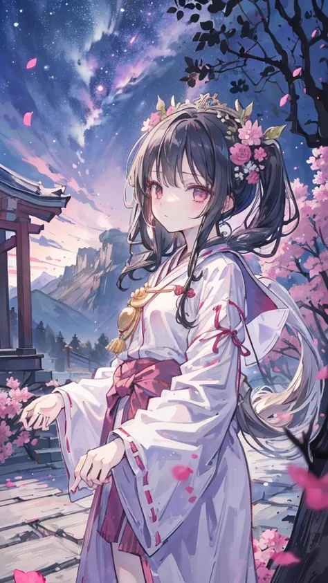 (Best quality masterpiece),(1 Girl, Shrine maiden, coat, Expression face, Dark Eyes, Looking ahead ,Black Hair, walk, Upper body), (Night Sky, There is a huge old tree behind, Shiny pink petals are falling behind, Behind the Shrine, Mountain background, Da...