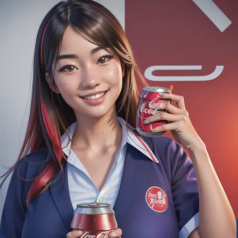 a smiling japanese schoolgirl holding a can of coca-cola in one hand and a juicy hamburger in the other, eager to eat, detailed ...