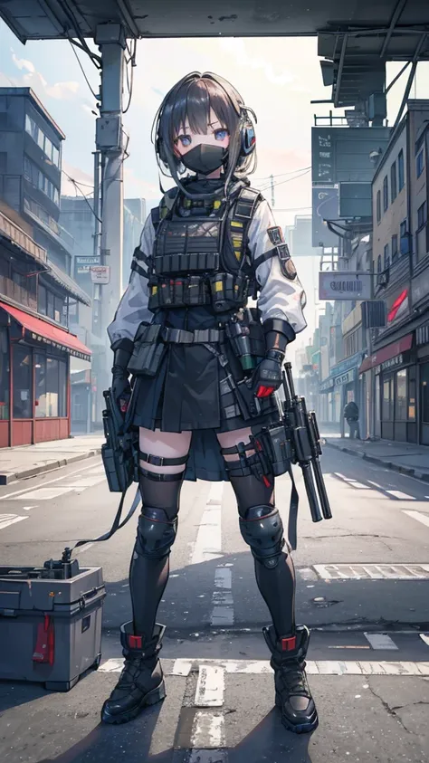 ((High quality)), ((masterpiece)), 8K, 2 girls, Bulletproof vest, Light, extremely detailed CG unity 8K wallpaper, Game CG, Looking at the audience, Gloves, boots, whole body, watch, computer, mask, Drones, Weapon, Headphones for analysis, jacket, (Backgro...